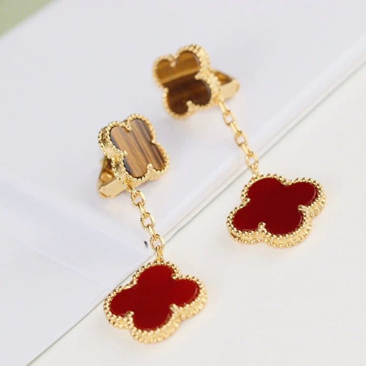 Van Cleef & Arpels CLOVER 2 MOTIF TIGER EYE CARNELIAN EARRINGS - Image 7