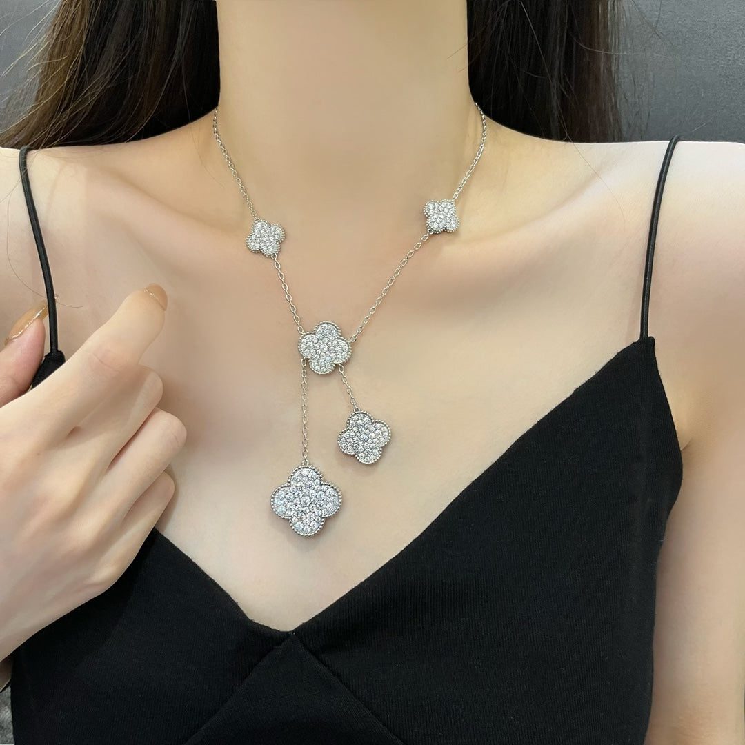 Van Cleef & Arpels CLOVER 5 MOTIFS SILVER DIAMONDS NECKLACE - Image 9