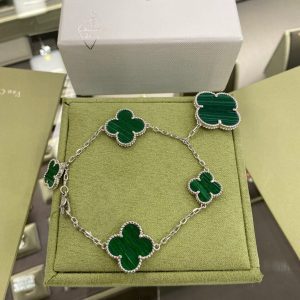Van Cleef & Arpels CLOVER 5 MOTIFS SIVLER MALACHITE BRACELET