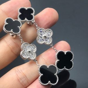 Van Cleef & Arpels CLOVER 3 MOTIF DIAMOND ONYX SILVER EARRINGS