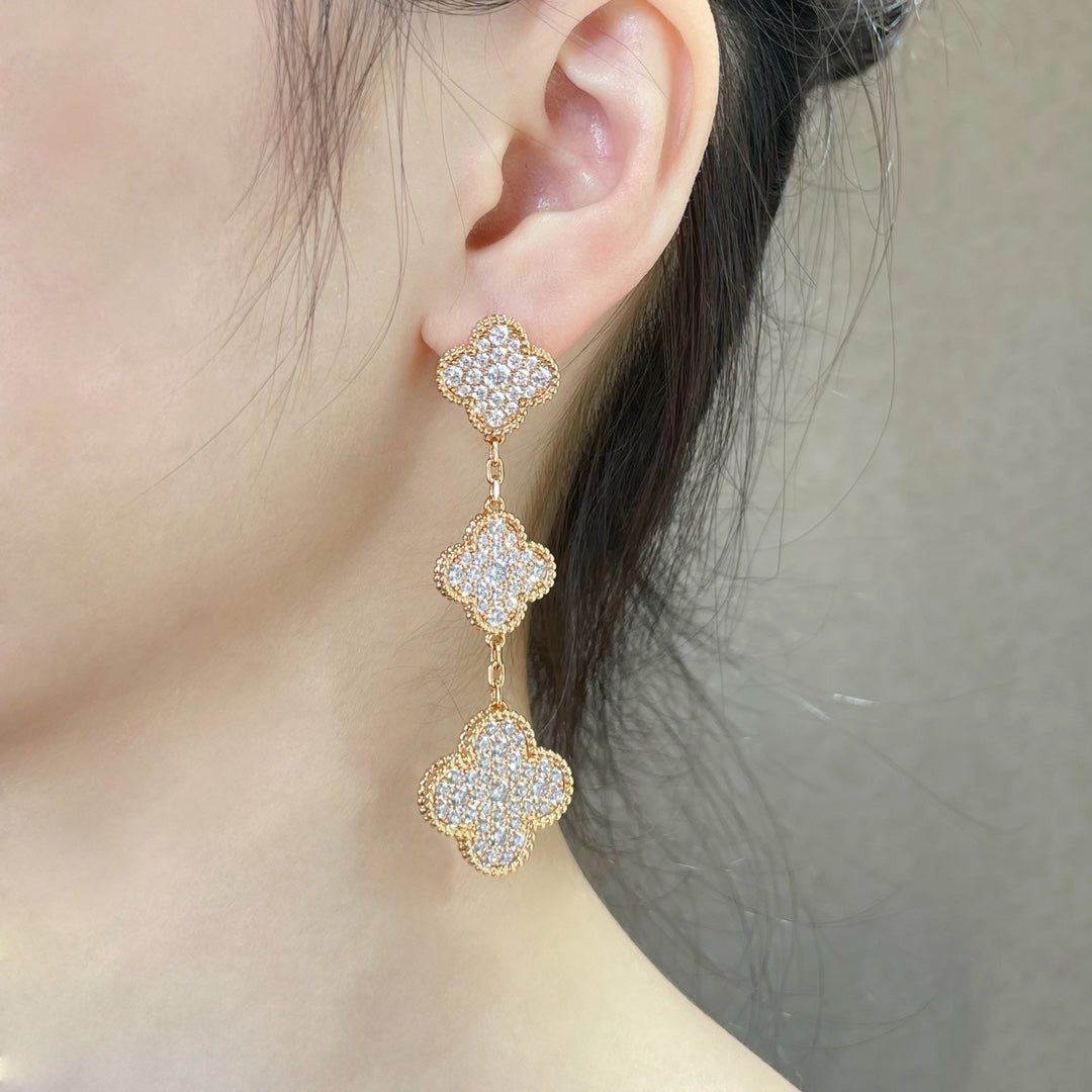 Van Cleef & Arpels CLOVER 3 MOTIFS DIAMOND PAVED ROSE GOLD EARRINGS