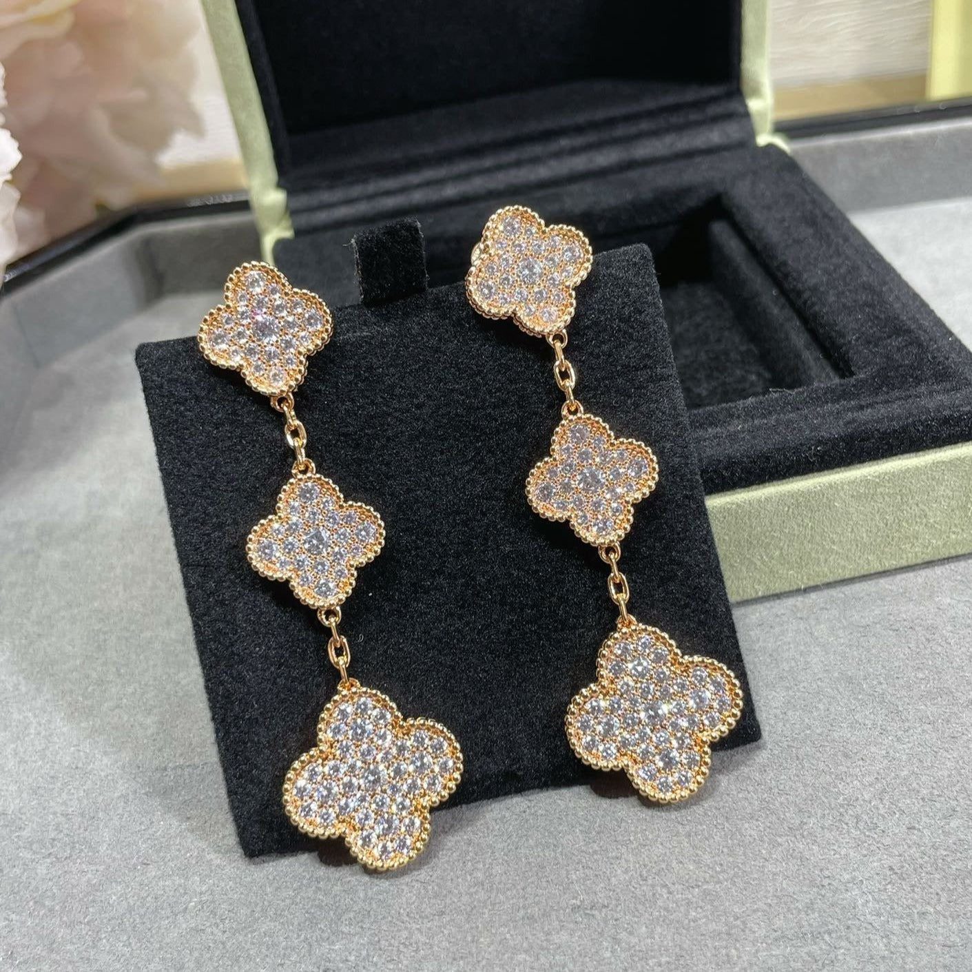 Van Cleef & Arpels CLOVER 3 MOTIFS DIAMOND PAVED ROSE GOLD EARRINGS - Image 2