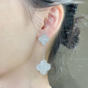 Van Cleef & Arpels CLOVER 2 MOTIFS DIAMOND PAVED SILVER EARRINGS