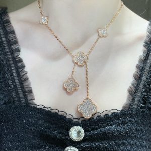 Van Cleef & Arpels CLOVER 6 MOTIF DIAMOND PAVED NECKLACE