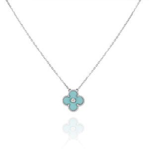 Van Cleef & Arpels CLOVER 1 DIAMOND LIGHT BLUE SILVER NECKLACE