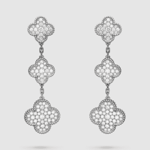 Van Cleef & Arpels CLOVER 3 MOTIF DIAMOND SILVER DROP EARRINGS