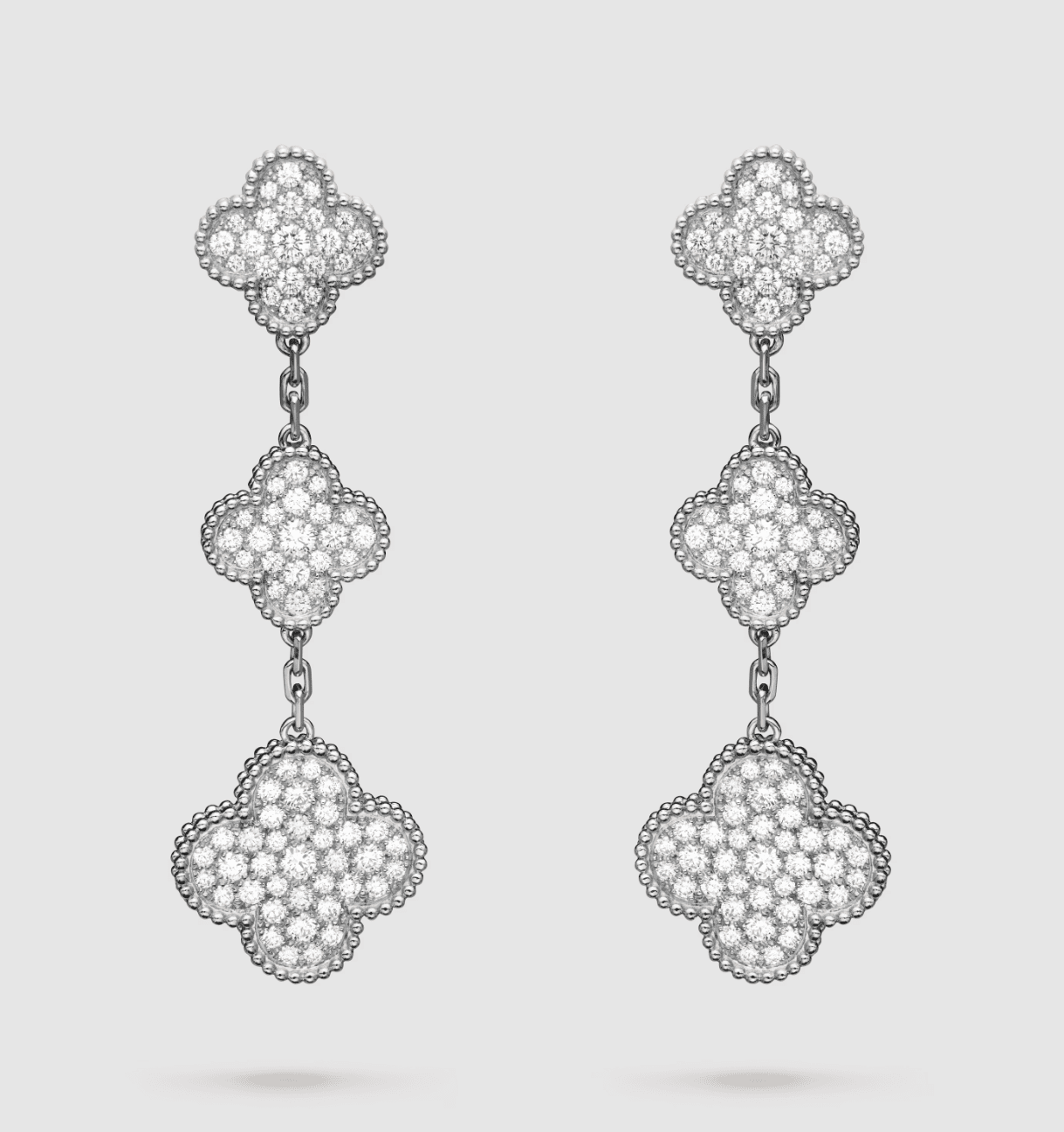 Van Cleef & Arpels CLOVER 3 MOTIF DIAMOND SILVER DROP EARRINGS