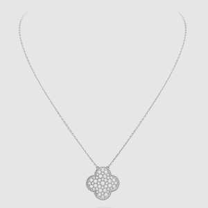 Van Cleef & Arpels CLOVER 25MM LARGE PENDANT DIAMOND PAVED SILVER NECKLACE