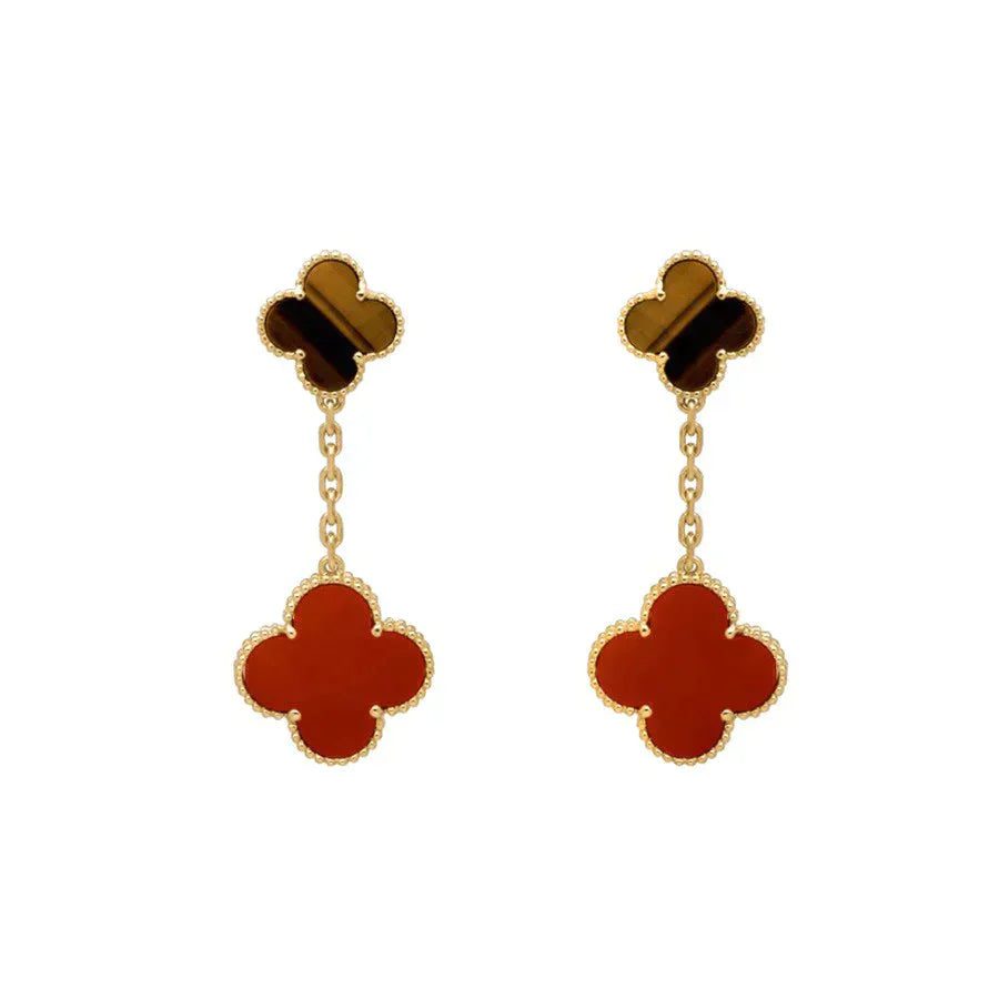 Van Cleef & Arpels CLOVER 2 MOTIF TIGER EYE CARNELIAN EARRINGS