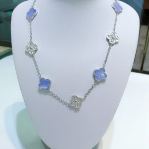 Van Cleef & Arpels CLOVER 10 MOTIFS CHALCEDONY DIAMONDS SILVER NECKLACE