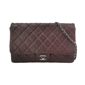 Chanel Envelope Clutch Shoulder Bag Burgundy Wine Lambskin Leather Silver Hardware