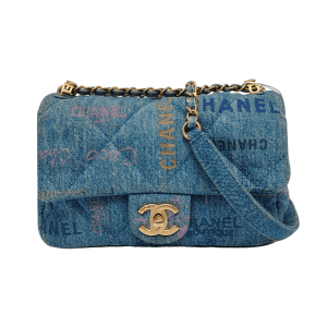 Chanel Classic Flap Mini Rectangular Blue Denim Jeans Gold Hardware Microchip