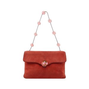 Chanel Coral Red Suede Flap Envelop Bag Vintage Square Quilted Beads Strap