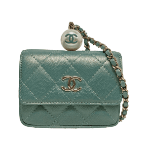 Chanel CC Pearl Coin Card Holder with Chain Quilted Green Caviar Leather Gold Hardware 2021