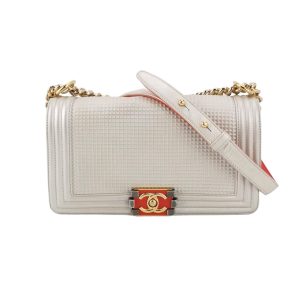 Chanel Le Boy Medium White Pearlescent Waffle Lambskin Leather Red Lock 2013-2014