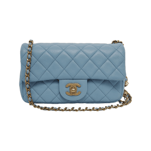 Chanel Classic Flap Mini Baby Blue Lambskin Pearl Crush Adjustable Gold Ball Chain