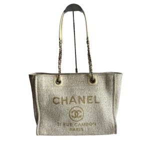 Chanel Deauville Tote Gold Beige Cloth Leather Chain Strap Small 34cm