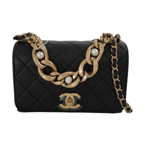 Chanel Classic Flap Mini Pearl Chain Black Lambskin Gold Hardware