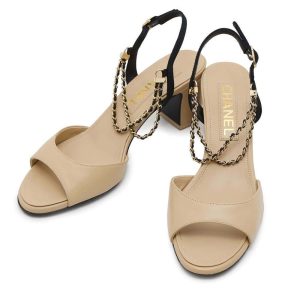 CHANEL Double Chain EncreStrap Heel Sandals Beige/BlackG45094 Leather Size 35H