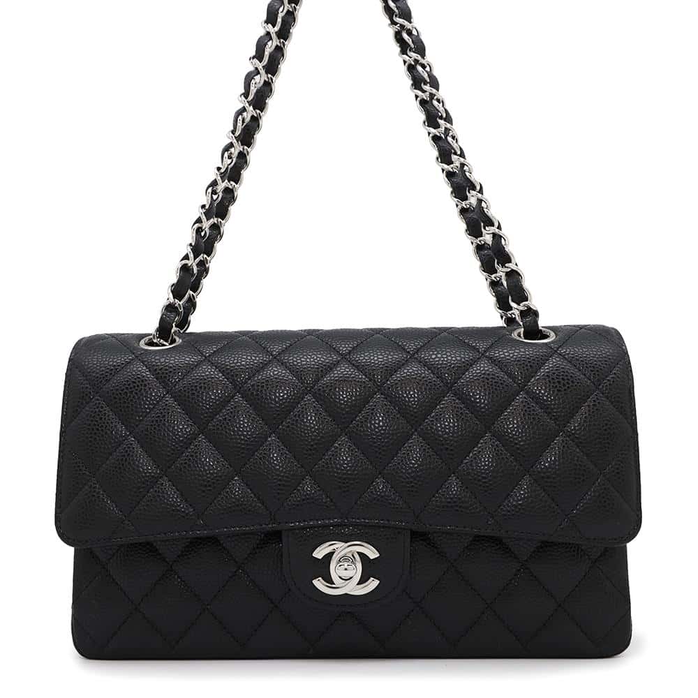 CHANEL Matelasse W flap WChainShoulder Bag BlackA01112 Caviar Leather Size 25
