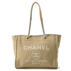 CHANEL Deauville ChainShoulder Bag BeigeA67001 Canvas Leather Size MM