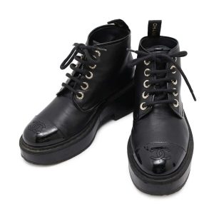 CHANEL CCCC Logo lace-up boots BlackG33169 Leather Enamel Size 37 1/2C
