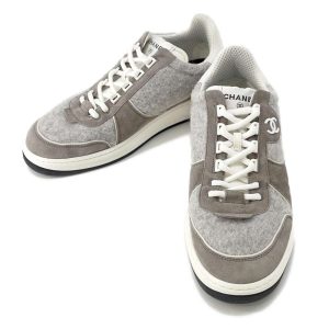 CHANEL CC Logo Sneakers GrayG46014 Wool Suede Leather Size 42
