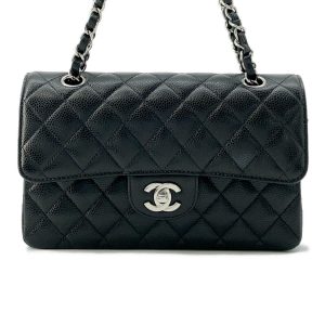 CHANEL Matelasse W Flap ChainShoulder Bag Black Caviar Leather Size 23