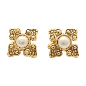 CHANEL Faux Pearl Cufflinks Gold Metal
