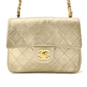CHANEL Mini Matelasse ChainShoulder Bag Gold Lambskin Size 18