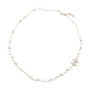 CHANEL CC Logo Faux Pearl Necklace Gold/White Gold Plated