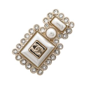 CHANEL Perfume motif pin Brooch Champagne Gold/WhiteAB7207 Metal Rhinestone Faux Pearl