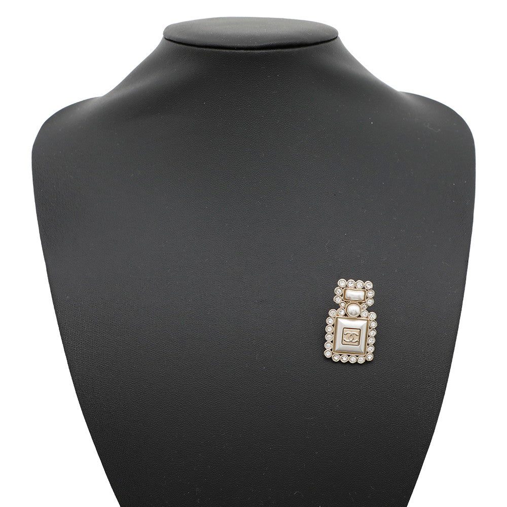 CHANEL Perfume motif pin Brooch Champagne Gold/WhiteAB7207 Metal Rhinestone Faux Pearl - Image 4
