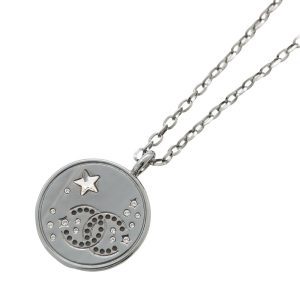 CHANEL CC Logo Star Medal Necklace SilverABE554 Metal strass