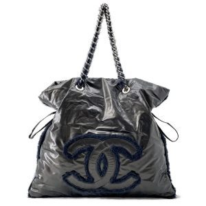CHANEL CC Logo ChainTote Bag Black Nylon Fur