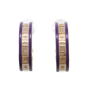 CHANEL CC Logo Hoop Earrings Purple Metal Enamel
