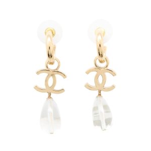 CHANEL CC Logo Hoop Drop Motif Earrings Metal Resin