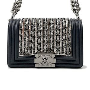 CHANEL Boy Chanel ChainShoulder Bag Black/Silver Lambskin Bijoux Size Small