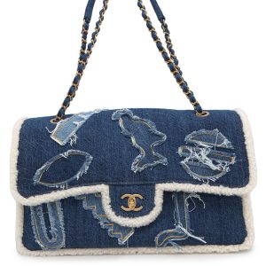 CHANEL Egyptian Line Single Flap Double Chain Shoulder Bag Blue Denim Mouton