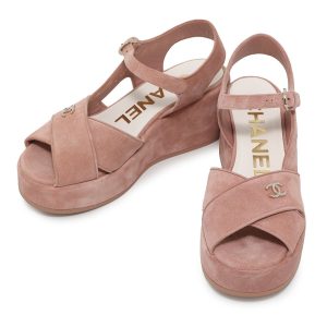 CHANEL EncreStrap Open Toe Platform Sandals Light PinkG45594 Suede rhinestone Size 38