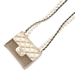 CHANEL Matelasse bag motif necklaceAB6135 Metal Leather Faux Pearl
