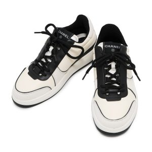 CHANEL CC Logo Low Cut Sneakers White/BlackG45212 Leather suede Size 38