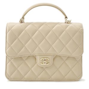 CHANEL Matelasse Top Handle Mini Chain Backpack Beige Lambskin