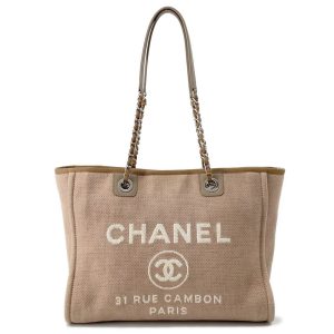 CHANEL Deauville ChainTote Bag BeigeA67001 Canvas Leather Size MM