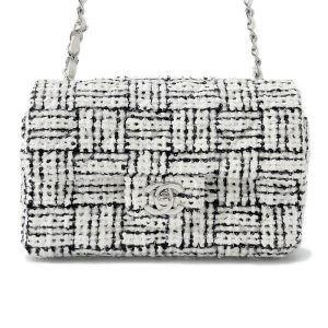 CHANEL Mini Matelasse ChainShoulder Bag White/BlackA69900 Tweed Sequins Leather