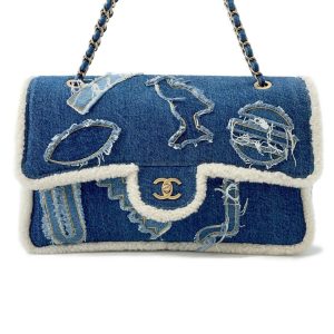 CHANEL Egyptian Line Chain Shoulder Bag Blue Denim Mouton