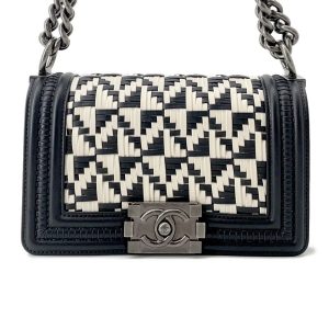 CHANEL Boy Chanel Woven Chainshoulder Bag White/BlackA67085 Leather Size Small