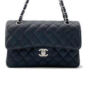 CHANEL Matelasse W Flap ChainShoulder Bag BlackA01113 Caviar Leather Size 23