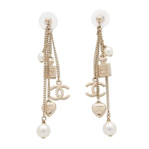 CHANEL CC Logo Perfume Bottle Heart Pearl Earrings Gold Metal Faux Pearl