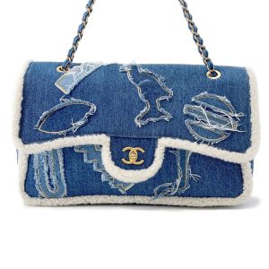 CHANEL Egyptian Line Single Flap Chain Shoulder Blue Denim Mouton